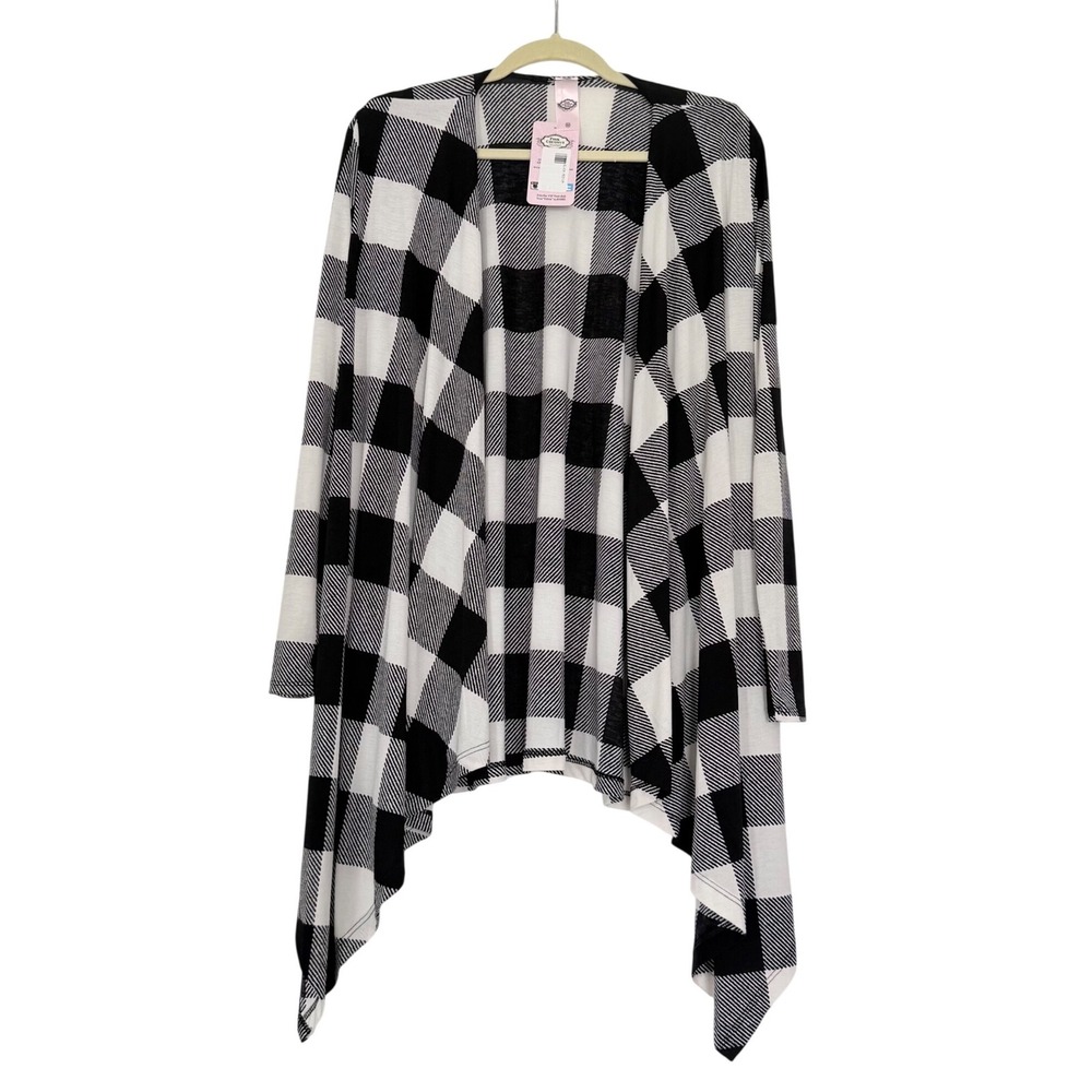 Pink Coconut Boutique Cardigan Women Medium Black White Buffalo Plaid Draped Hem